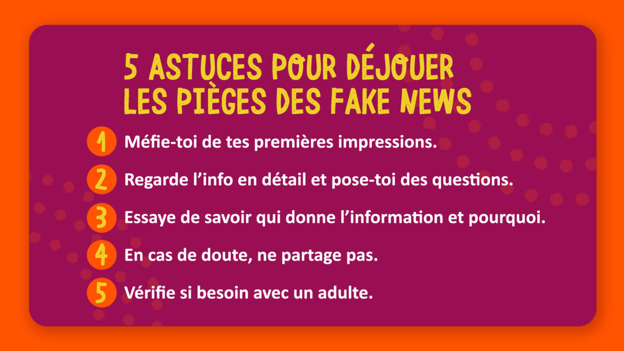 Tableau des astuces pour déjouer les pièges des fake news. Webinaire “C'est quoi, une fake news ?”.