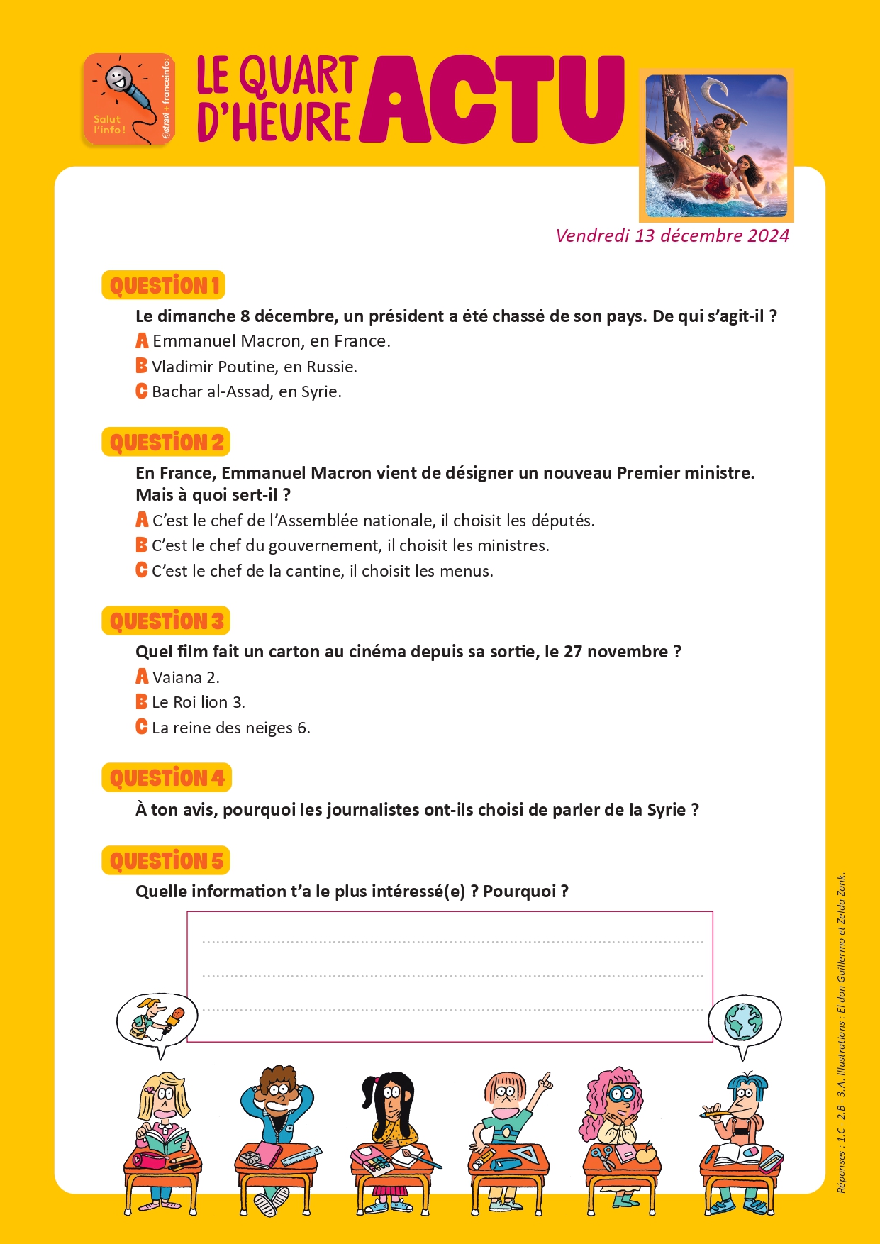 Quiz du Quart d'heure Actu du 13 décembre. Vaiana 2. Illustrations : El don Guillermo et Zelda Zonk.