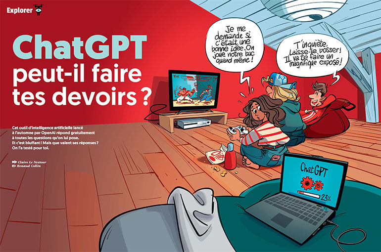 © Illustration : Renaud Collin. ChatGPT peut-il faire tes devoirs ?, article extrait du magazine Phosphore n°553, 1er mai 2023.