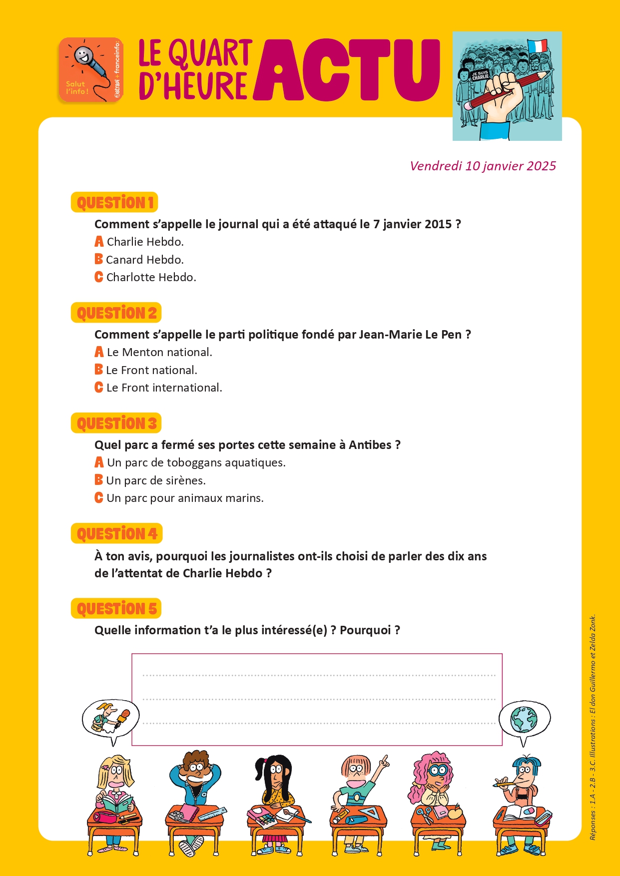 Quiz du Quart d'heure Actu du 10 janvier 2025. 10 ans après l'attentat de Charlie Hebdo. Illustrations : El don Guillermo et Zelda Zonk.